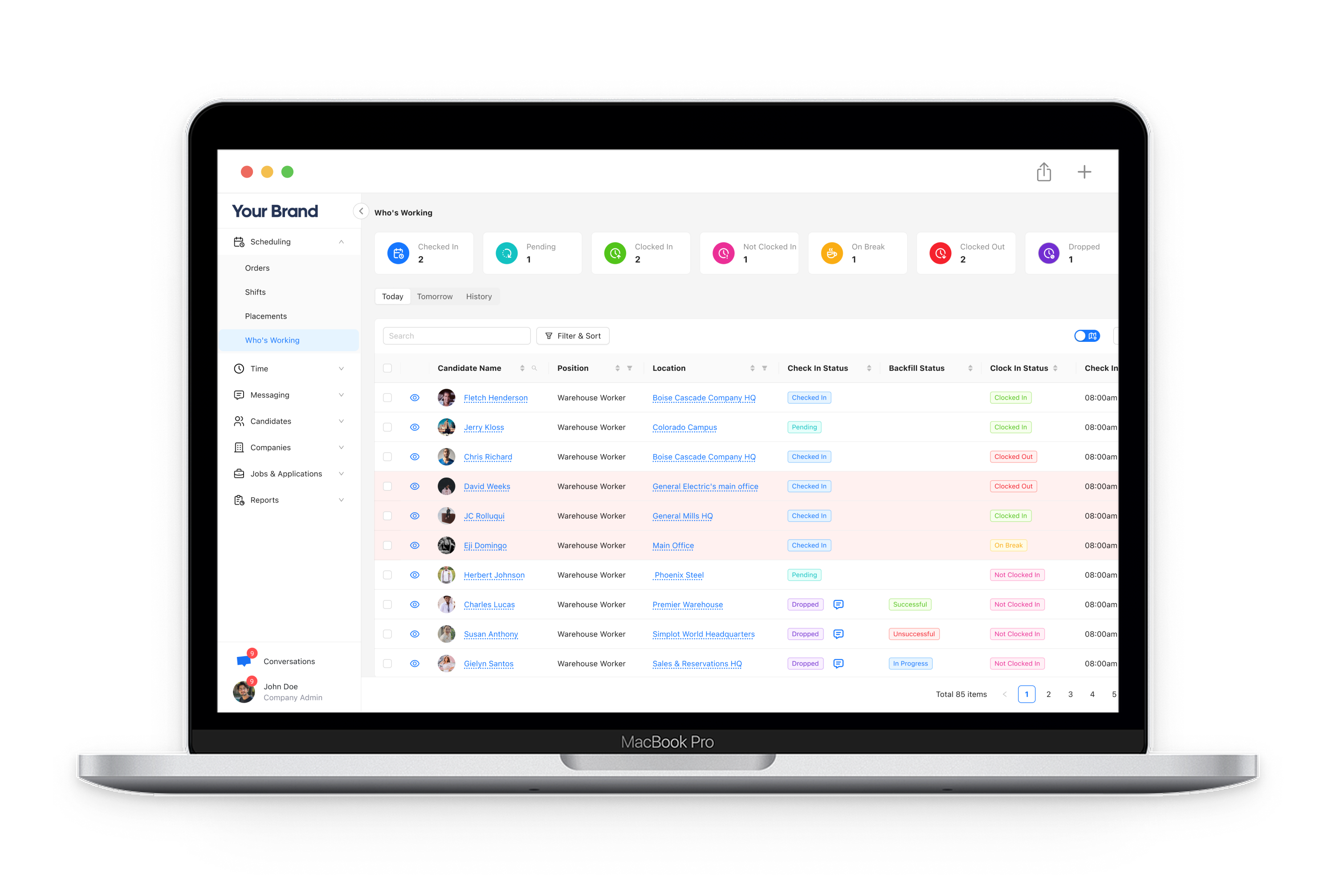 StaffingOS Client Portal showing branded client-facing interface with workforce data