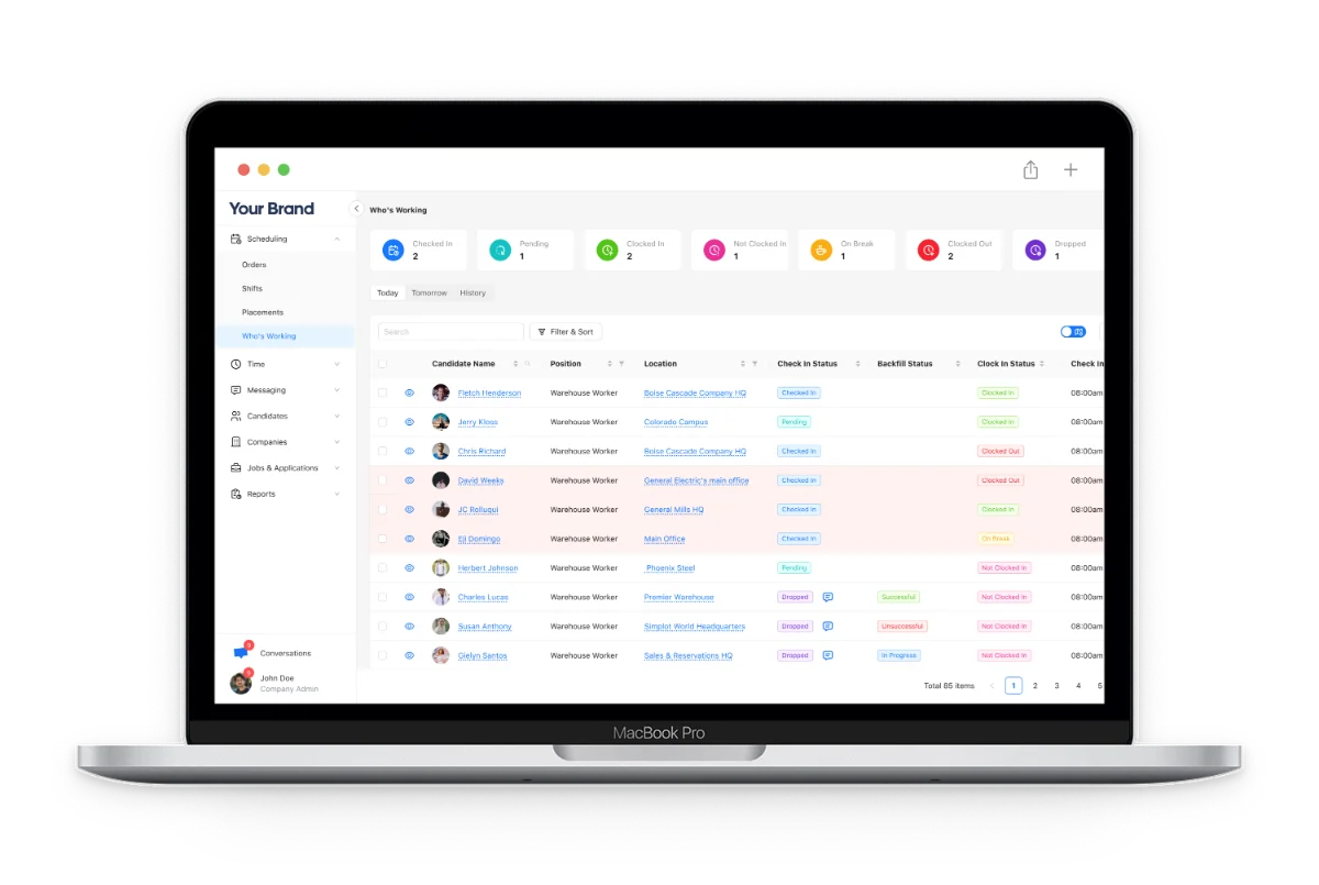 StaffingOS Client Portal interface showing workforce management and client self-serve features